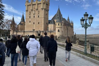 Pictured are the towering spirals of The Alcázar of Segovia, a famous Spanish castle.