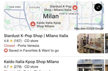Screenshot of search results "K-Pop stores in Milan.