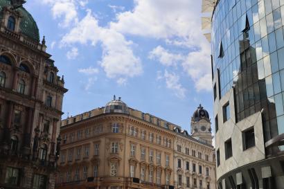 View from Vienna's city center of modern and old-fashioned buildings.