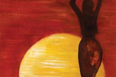 There is a dark, femininely cocoa figure to the right side raising their hands to honor the rise of the sun. There is a half-circle sun in the background deepend with orange hues and brightened with yellow streaks layered in front of a deep crimson sky.