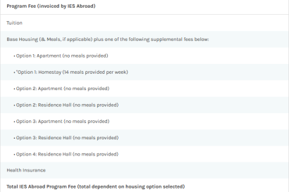 A screenshot of a program pricing breakdown