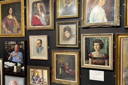 The image above shows various portraits of significant people in the history of the Abbey Theatre. The portraits are very ornate and in a range of colors. The people depicted range from actors and costume designers to playwrights and donors.