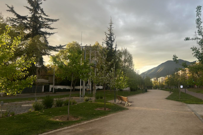 The sun is setting in Las Condes, Santiago with a mountain in the background and several trees shown