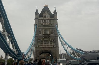 Tower Bridge in London on a cloudy day.