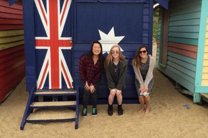 Addie, Katie, and Me in front of the Australian Flag house!