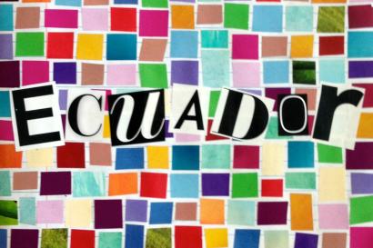 Assorted postcards arranged on a red and orange bed.  
Colorful mosaic with "Ecuador" text. This alt text was added with Al; accuracy may vary.