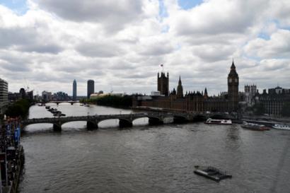 A picture of Big Ben and the London Bridge from the London Eye.