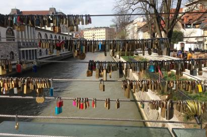 Lovers' Locks on a Bridge in Ljubljana, Slovenia