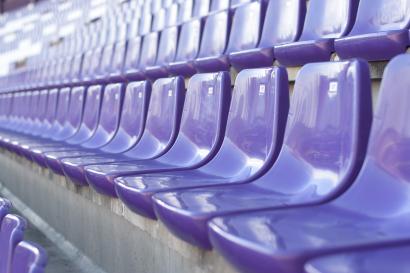 Collage of students at city hall and stadium, with sports scenes and purple seats. This alt text was added with Al; accuracy may vary.