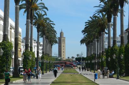 Wide avenue in front of a tower, flanked by palm trees and people walking. This alt text was added with Al; accuracy may vary.