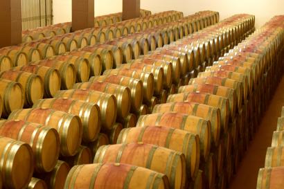 Group of people outdoors, restaurant entrance, woman with dessert, paella dish; rows of wine barrels. This alt text was added with Al; accuracy may vary.