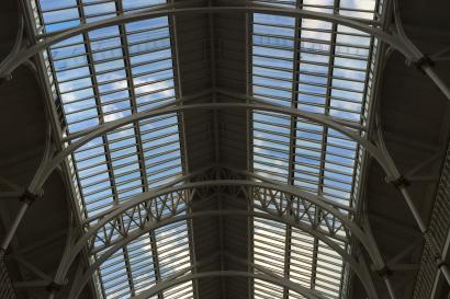 Blue sky through the windows of the National Museum of Scotland in Edinburgh