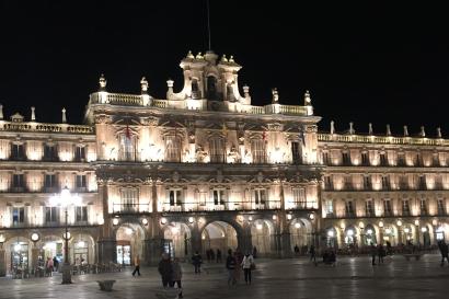 La Plaza Mayor of Salamanca at night. 