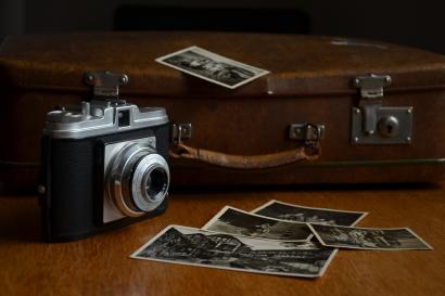 Stock photo of old camera, suitcase