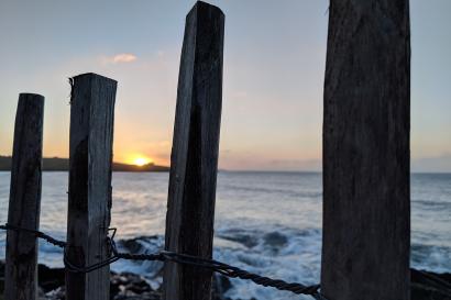 Image of Irish seaside through fenceposts
