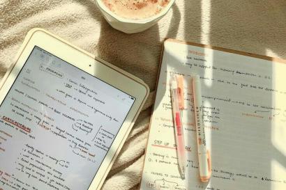 Cup, book and Ipad on a white sheet