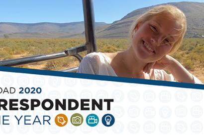 Mary on safari South Africa with Correspondent of the Year graphic laid over it