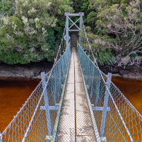 Cable bridge over bright orange/red waters with bush on the other side 