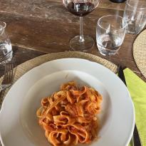 Pasta with red sauce at a local Tuscan winery 