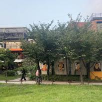 Image of murals, trees, restaurants, and people walking on sidewalk next to grassy area 