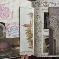 A two-page journal spread with cutouts from the program for the Hassan II Mosque. On the left are colored pencil drawings of Moroccan mosaic and wire work, and on the right pictures of the mosque's main door are taped to open onto abstract pen drawings and more pictures of the mosque's interior.