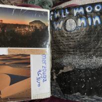 A two-page journal spread. On the left are postcards from Sahara Magic Luxury Camp with pictures of the desert, and 'Merzouga' is written in blue. On the right is a gouache painting of the night sky full of stars, with 'full moon waning' written above.