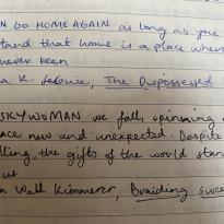 A journal page with quotes from 'Braiding Sweetgrass' by Robin Wall Kimmerer and 'The Dispossessed' by Ursula K. LeGuin