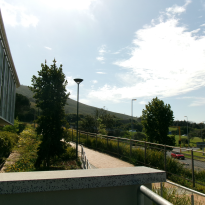 Picture showing the view from the study spot. There is a road with cars, blue skies, the ledge of the building and the building on the left. 