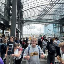 A crowd of people at a train station