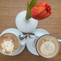 Two cups of coffee and a fake flower