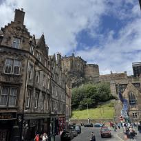The view of Edinburgh Castle from a street below