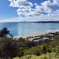 An overhead shot of Onetangi Beach with the surrounding houses and forest.