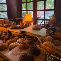 An assortment of pastries in a cafe.