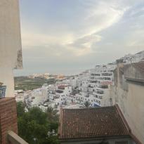 White houses sitting on a hill with the ocean in the horizon