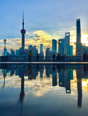 Shanghai skyline silhouetted against the sky dawn