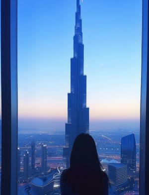 person standing in front of a window with the burj khalifa in the background