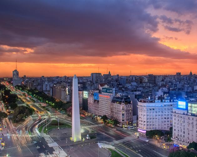 an aerial view of Buenos Aires and Obelisco at sunset