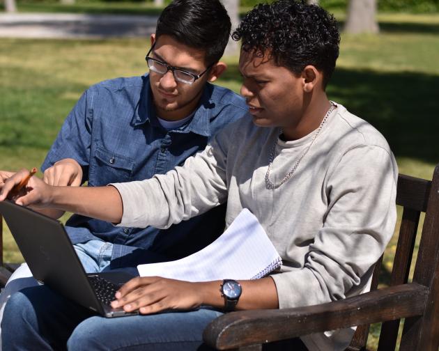 Two students studying on a bench together