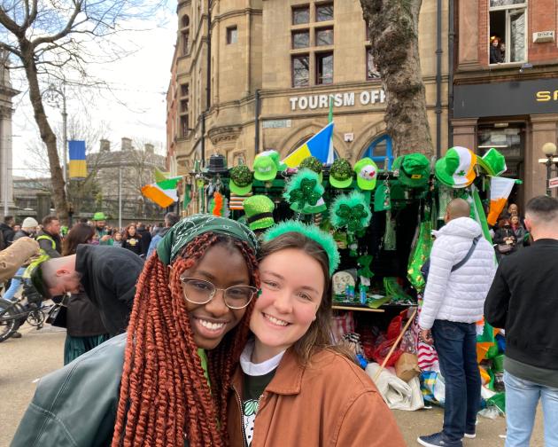 two students celebrating St. Patrick's Day in Dublin