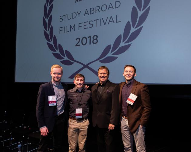 IES Abroad Study Abroad Film Festival 2020 host, winner, and finalists on stage at the MCA