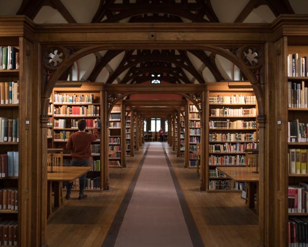 wooded library with walls of books and a long carpet hallway