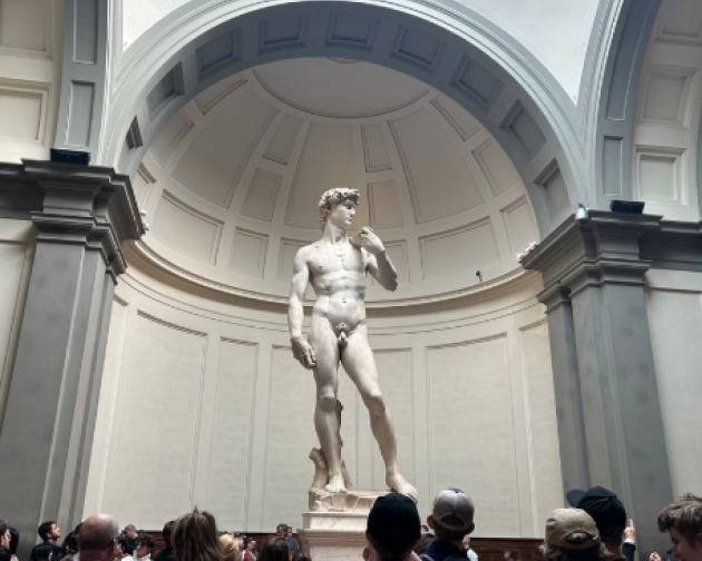 A group of people look at the statue of David by Michaelangelo.