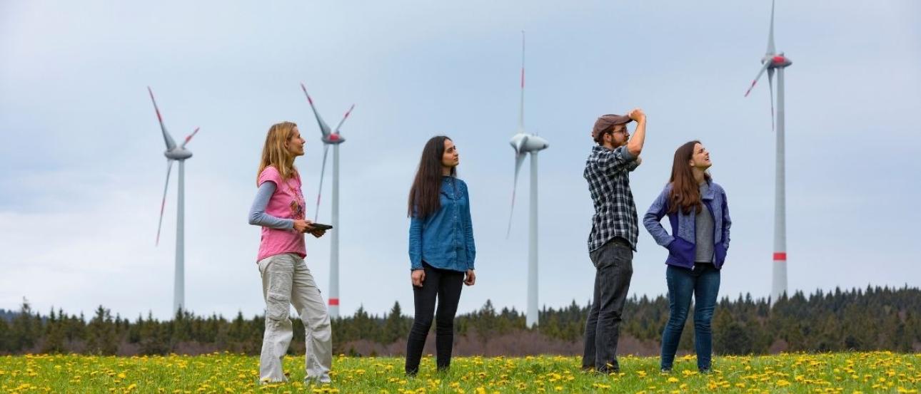 4 people in a field of flowers looking into the distance, wind turbines are behind them
