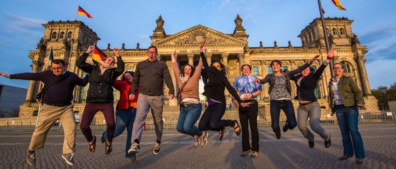 IES Abroad staff jumping in Berlin