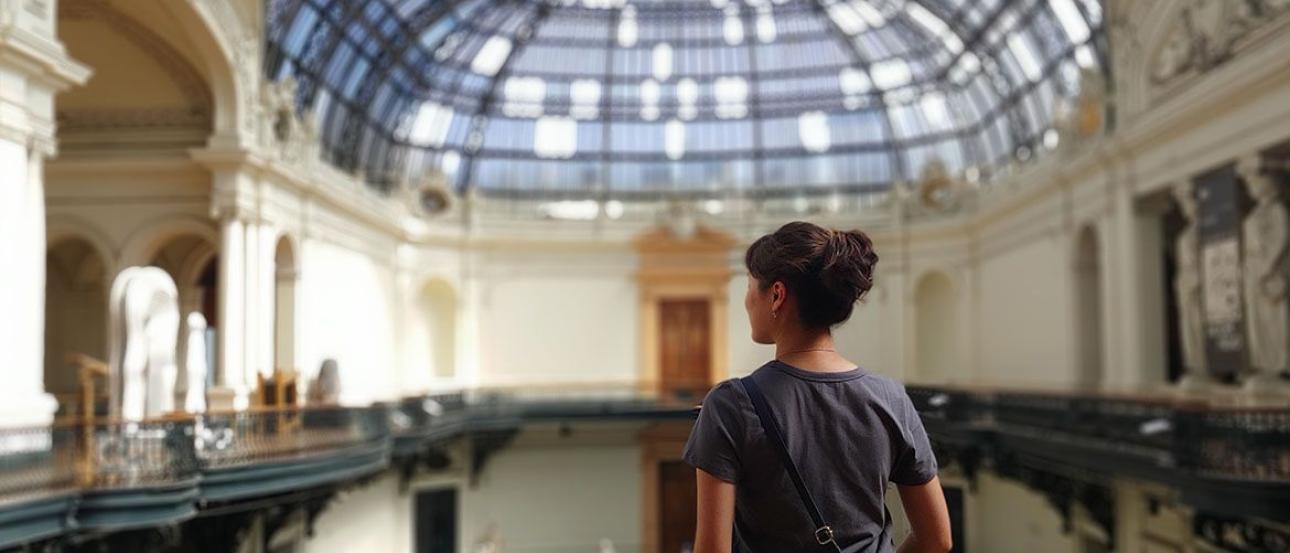 A picture of a girl looking at the building she is in