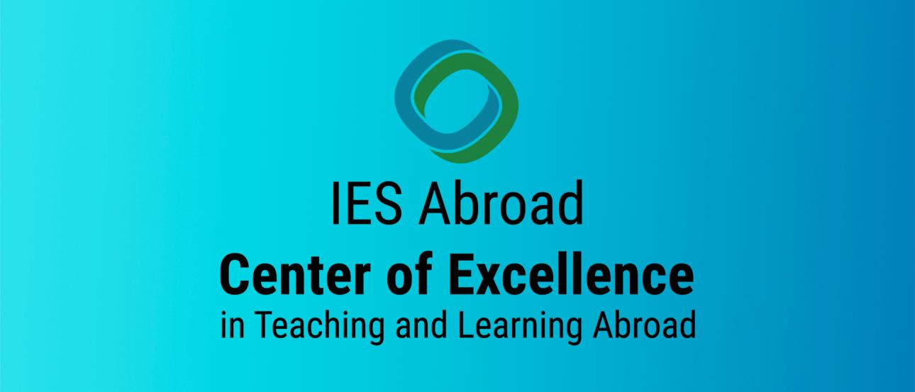 IES Abroad Center of Excellence in Teaching and Learning Abroad logo in front of a gradient blue background