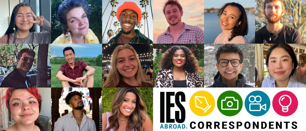 a banner image featuring photos of 15 IES Abroad Correspondents and the IES Abroad Correspondents logo