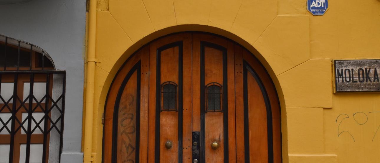 A closed brown door.
