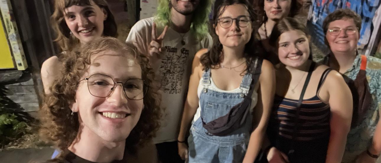 Selfie of seven students on a night out 