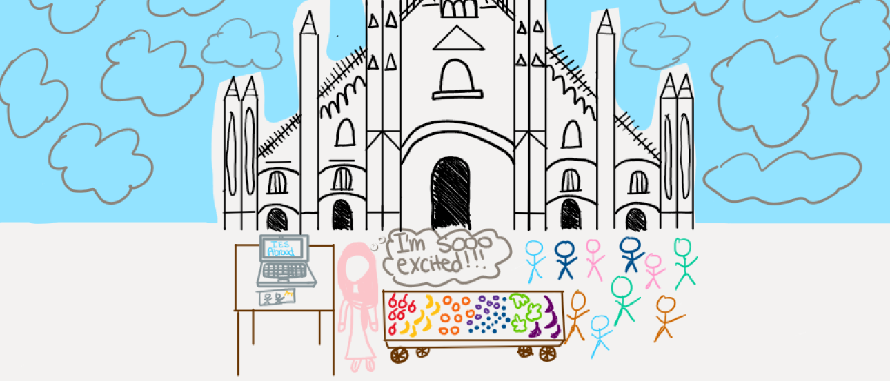 A woman stands with her laptop open to the IES Abroad website, with the Milan markets and the Duomo di Milano visible in the background. (AI Generated)